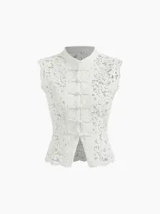 Lace Mandarin Collar Guipure Split Tank Top
