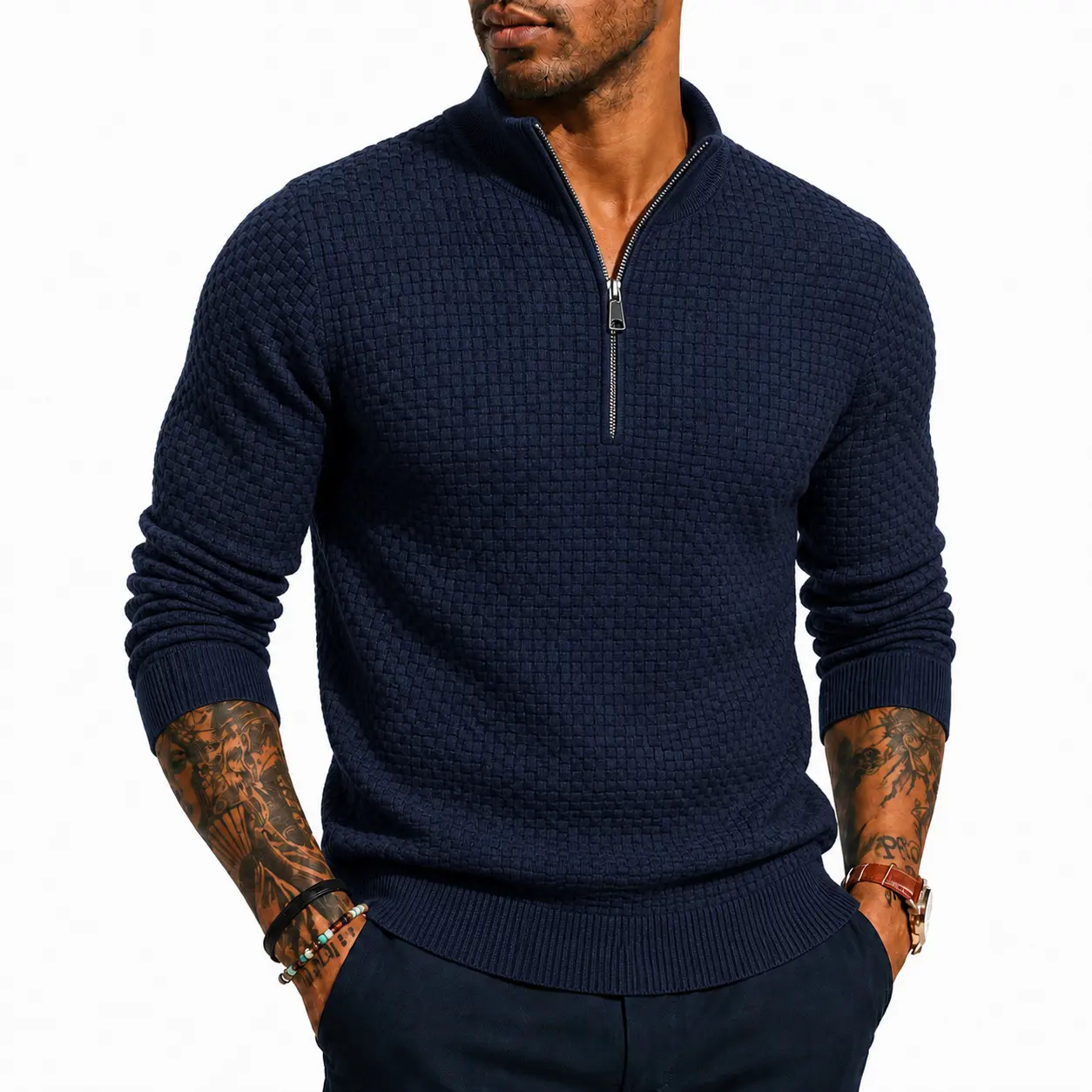 Men's Textured Waffle Knit Menswear Top, Collared Neck Quarter-Zip Casual Pullover, Longsleeves Soft Knitwear for Fall Winter, Tops, All Seasons, Breathable, Polyester