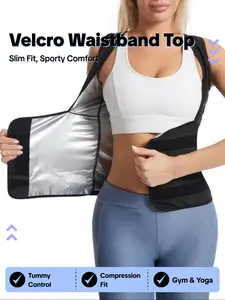 Women's Plain Velcro Waistband Sports Sauna Top - Slim-Fitting Solid Color Short Sleeve Tummy Control Compression Body Shaper, Gym & Yoga Workout Shirt