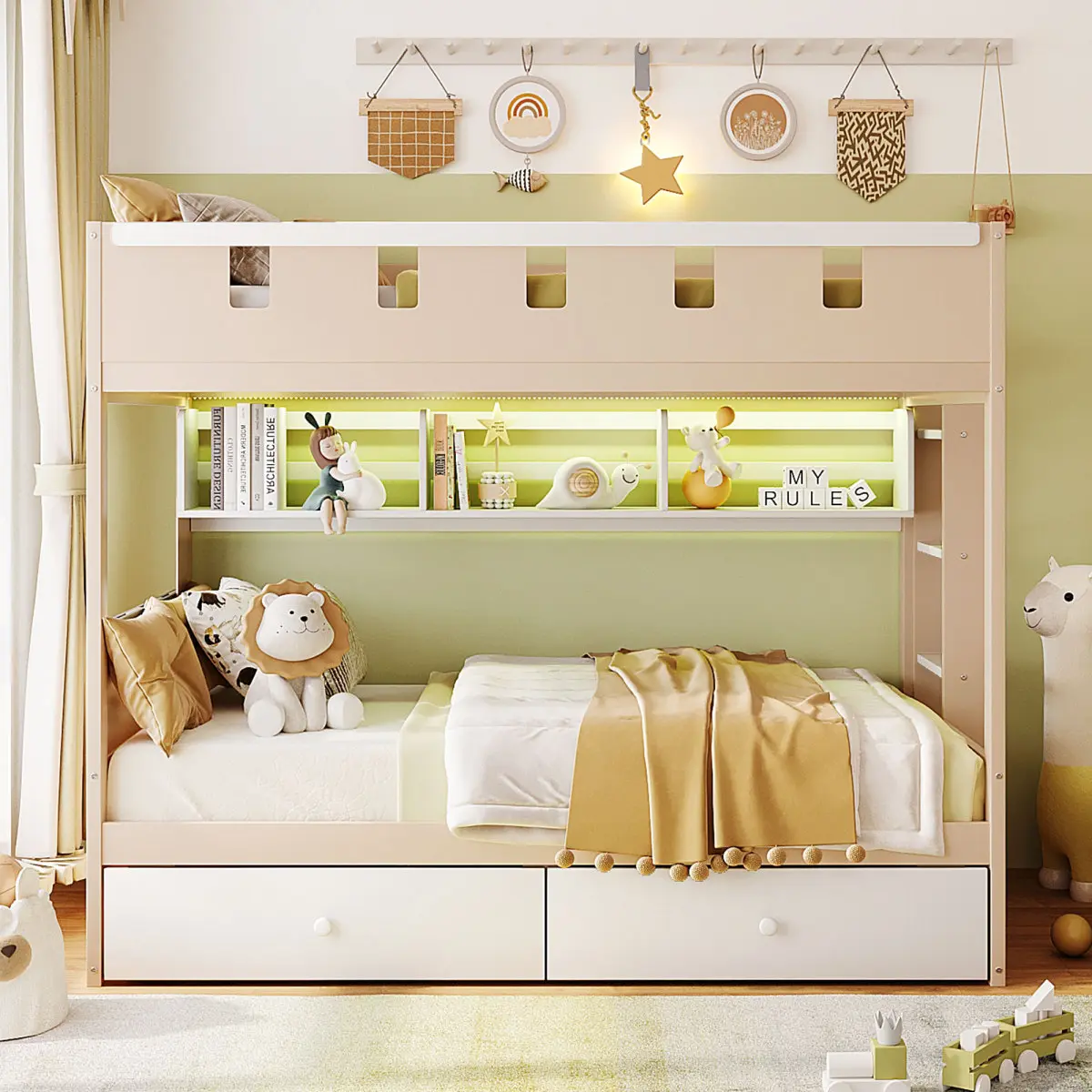 [Bellemave] Solid Wood Bunk Bed with 2 Drawers & Storage Shelf, LED Light, Fully Enclosed Safety Guardrail & Ladder, Castle Style, Easy Assembly