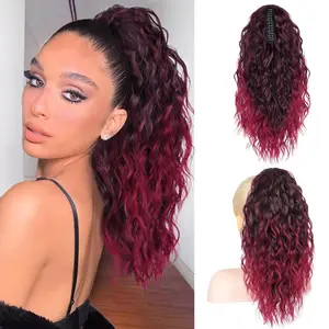 Ponytail Extension, 18 Inch Ombre Burgundy Red Ponytail Extension for Women Multi Layered Fluffy Thick Wavy Jaw Clip in Fake Pony Tails Fake Hair Soft Synthetic Hairpiece