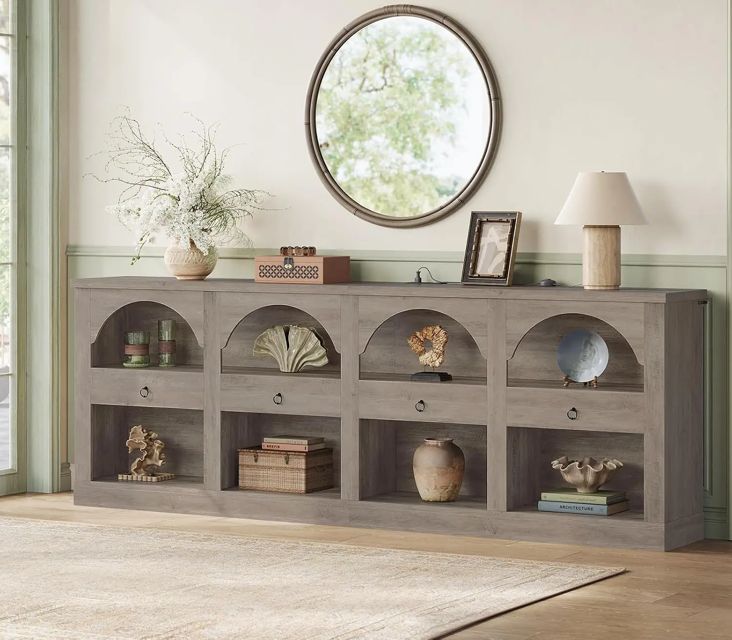 Itaar Extra Long Arched 78.7" Console Tables for Entryway, Grey | Farmhouse Sofa Table with Storage, 300 lb Capacity, Long 3-Tier Entryway Table for Living Room, Foyer, Hallway, Apartment