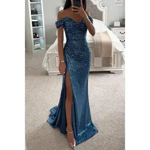 2025 New Party Sequin Off-Shoulder Slit Dress Womenswear Formal ball gown dress wedding guest dresses Casual Chic