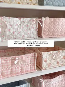 New Sweet Style Lace Bow Quilted Square Cute Storage Basket, Handmade Style Cotton Desktop Organizer Box, Miscellaneous Items Container