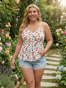 Plus Size Women's Cherry Print Halter Top, V Neck Ruched Thin Straps, Summer Casual Sleeveless Blouse, Fashionable and Comfortable