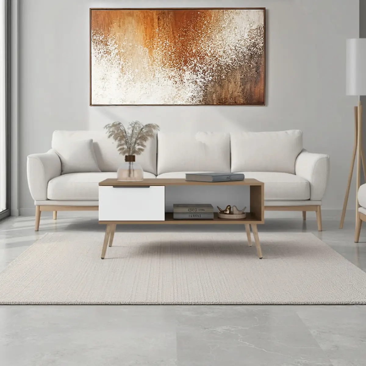 Pine Scandinavian Style Modern Minimalist Living Room Coffee Table - 16.7in(H)x35.6in(W)x15.6in(D), with Storage Drawer, Open Shelf, White, Assembly Required, PA Indoor Furniture Table