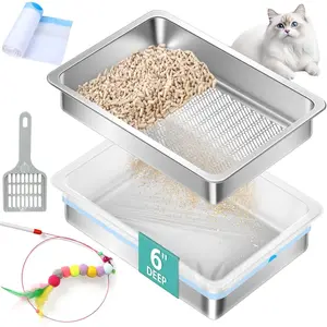 Stainless Steel Mesh Cat Litter Box for Pine Wood Pellets, Mesh Cat Litter Box for Wood Pellets, Extra Large Mesh Cat Litter Box System with Cat Litter Mat and Scoop - Length 20inch x Width 13.8inch x Height 6inch