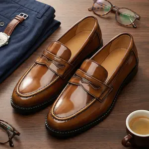 Men's Hand-Rubbed Penny Loafers, Classic Slip-On Leather Dress Shoes, Business Casual Formal Loafers82686