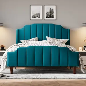 HOOMIC Queen Size Velvet Upholstered Platform Bed Frame【Frame Only No Mattress】with Vertical Wingback Headboard and Footboard,Solid Wood Slats Support,No Box Spring Needed
