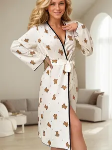 Women's Colorblock Print Belted Robe, Casual Long Sleeve Dressing Gown, Ladies Sleepwear for Spring & Fall, Womenswear, Casual Soft Bathrobe