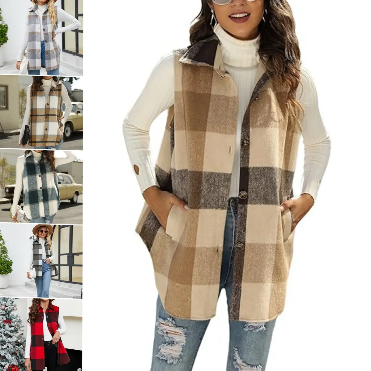 Women's Plaid Vest Brushed Flannel Sleeveless Shacket Shirt Jacket with Pockets
