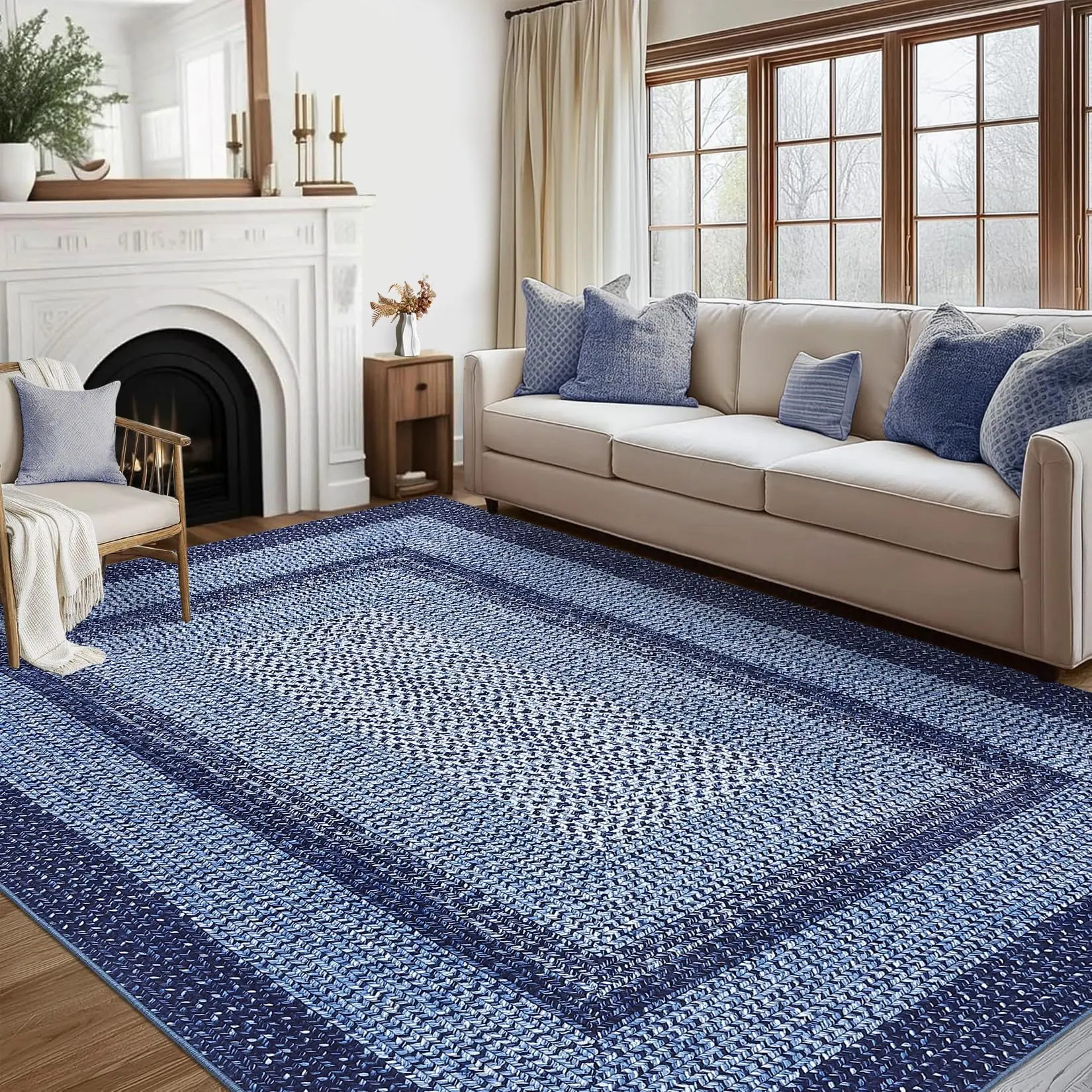 9x12 Living Room Rug Large Washable Braided Rug Non Slip Accent Carpet Braided Print Carpet Indoor Rustic Area Rug Border Carpet for Bedroom Home Decor (Navy)