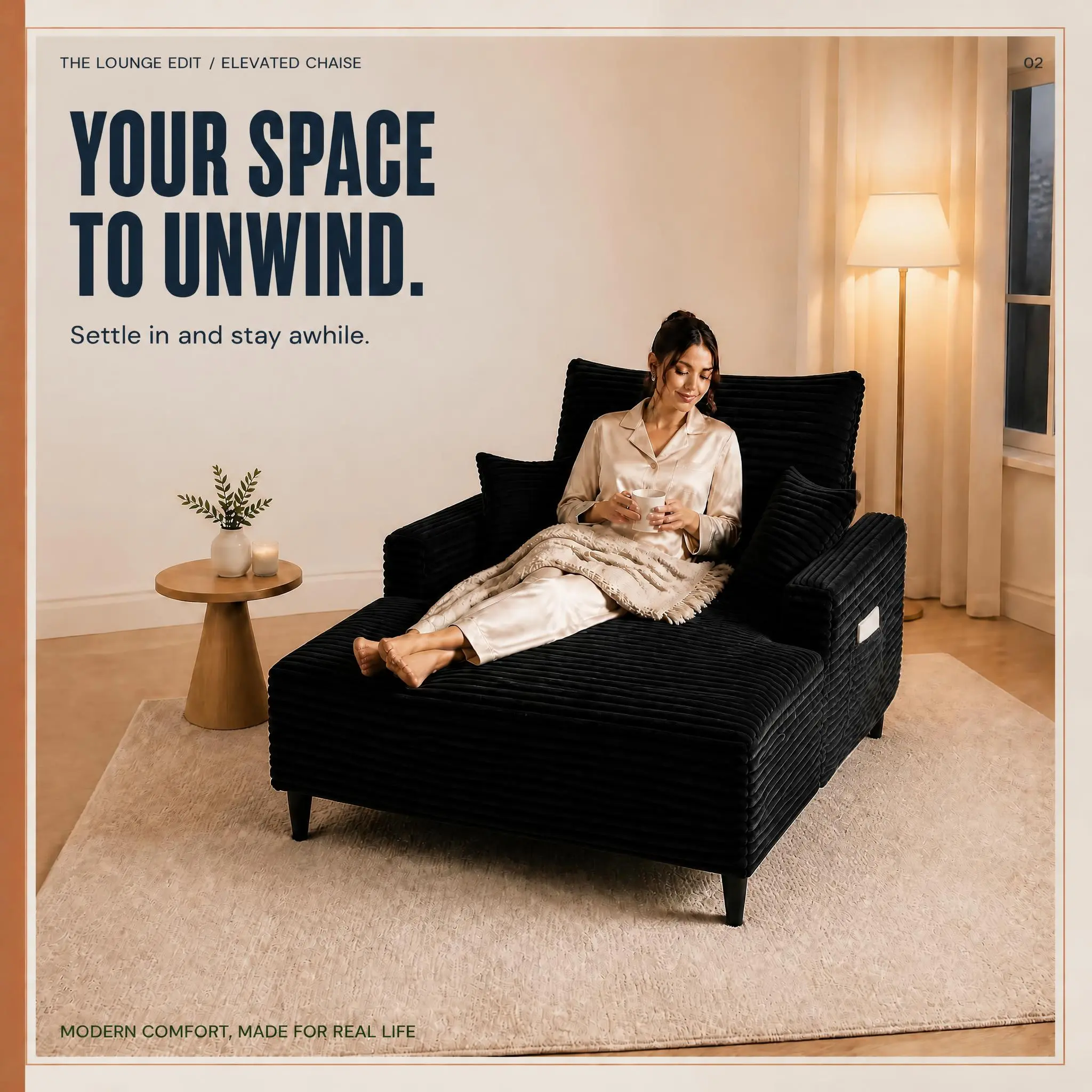 Adult Modern Oversized Square Chaise Lounge Chair - 47.25in Wide, 63.78in Long, 6 Short Legs, Wide Arms, Ribbed Soft Flannel, 3 Pillows, Side Storage Pockets, Comfy Indoor Sofa for Apartment Use, Quick Setup, Easy Assembly Required