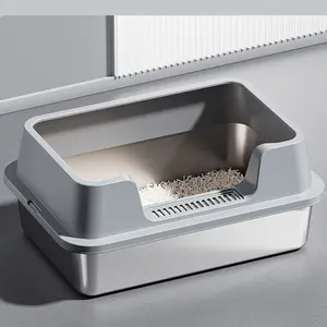 Stainless Steel Cat Litter BoxSemi-Enclosed Cat Litter Tray with Litter Scoop | High-Sided with Pee Shield & Scatter Guard | Non-Sticky, Non-Odor | Easy to Clean for All Cats and Kittens