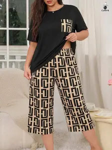 Women's Plus Size Knitted Pajama Set, Geometric Print Short Sleeve Top and Seven-Quarter Pants, Casual Loose Fit Cozy Lounge Set Sleepwear Pyjamas Loungewear Womenswear Matching Pj Set