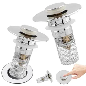 Anti-Odor Bathroom Sink Stopper with Bouncing Core & Brass Pop-Up Drain Plug, Stainless Steel Universal Bathtub Drain Stopper with Hair Catcher & Removable Filter Basket for Easy Cleaning, Modern Home Goods