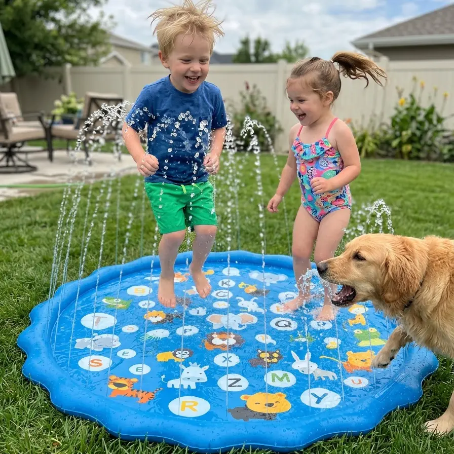 Inflatable Kids Splash Pad & Kiddie Pool (39in/66.9in Extra-Large), Durable PVC Cartoon Spray Mat with Colorful Alphabet-Animal Spray Toys, Educational Letter-Learning Kids Toys, Portable Summer Backyard-Lawn Fun for Ages 3-5