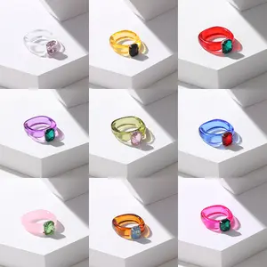 Geometric Rhinestone Resin Ring Color Acrylic Gem