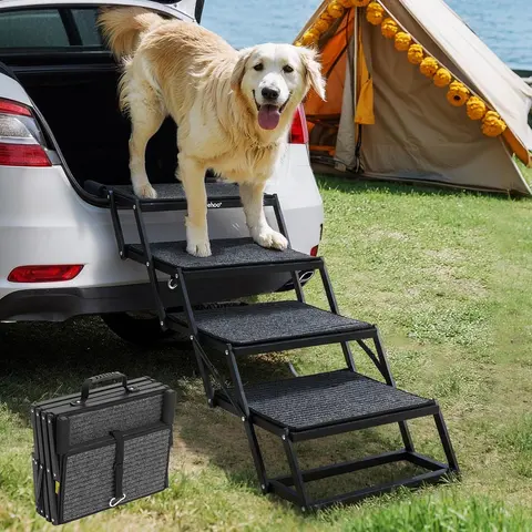 Veehoo 4-Step EVA Dog Climbing Aid - 17" Wide Heavy-Duty Slip-Proof Metal Mesh Vehicle Ramp, Collapsible Adjustable Height Pet Stairs, Easy to Carry, 17" x 13" x 6", Supports Up to 200 lbs for Car/Truck Use
