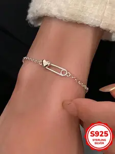S925 Sterling Silver Heart Shaped Bracelet, Heart Charm Bracelet, Heart Design Bracelet, Fashionable Bracelets for Women & Girls, Trendy All-match & Exquisite Jewelry for Birthday Gift