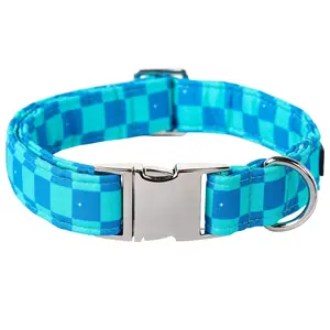 Maca Bates Plaid Blue Dog Collar – Adjustable Check Pattern Collar for Male Dogs, Durable & Breakaway Design