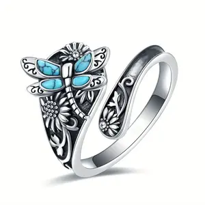 Women's Vintage Silver Boho Sunflower Spoon Ring - Dragonfly/Butterfly Ornament, Victorian Floral Adjustable Costume Jewelry for Party, Anniversary Gifts, Vintage Silver Rings, Butterfly Ornament Rings