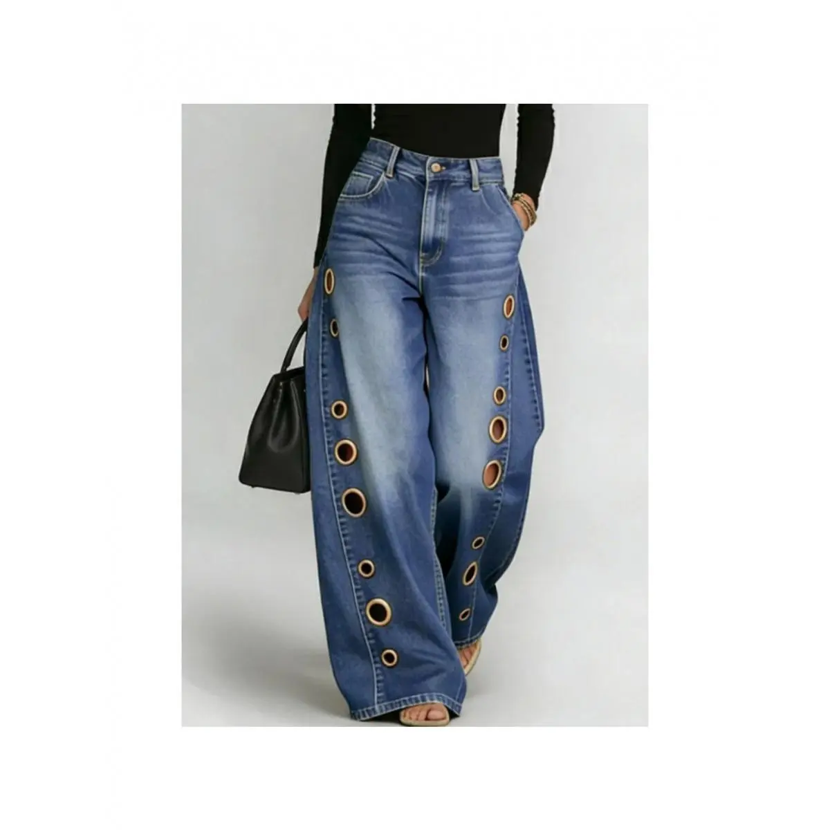 Women's Denim Wide-Leg Trousers - Mature Style, High-Waisted, Loose Cut, Full-Length Casual Bottoms with Metallic Eyelets