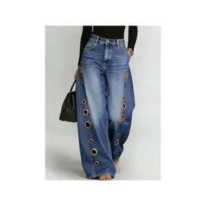 New Women'S Jeans 2026 with Metallic Eye Design - Casual Loose High-Waisted Wide Pants for Women