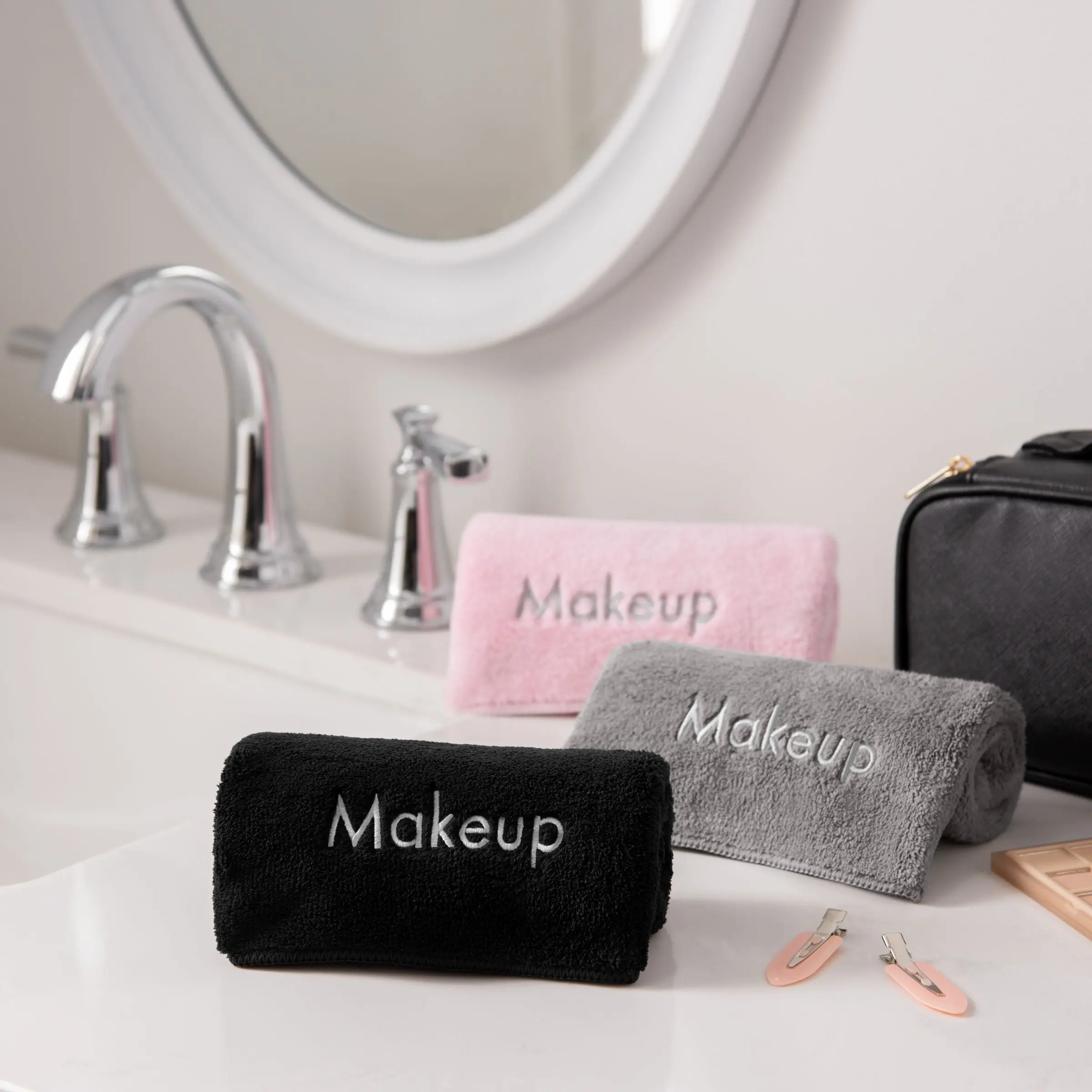 Coral Fleece Embroidered Microfiber Makeup Washcloths, 13x13 in., Three Colors, Buy a Set of 6 or Case of 108