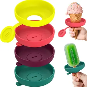 Popsicle Holders for Kids and Ice Cream Holder, No Mess Frozen Treat Drip Guard with Straw, Reusable Silicone Ice Pop Holder for Kids, Fits Various Stick Sizes & Waffle Cones - 4 Pack