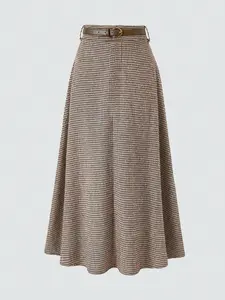 Elegant Fashion High Waist Fitted Plaid Skirt, Belted A-Line Design, Comfortable Full Swing, Perfect for Daily Commute and Activities, High Waist Skirts