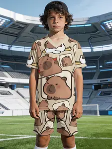 Cute capybara boys' V-neck short-sleeve and shorts sportswear set, 100% polyester, casual and loose fit, featuring summer casual, fashionable and interesting printed patterns. Suitable for summer outdoor physical activities and daily casual wear, a perfec