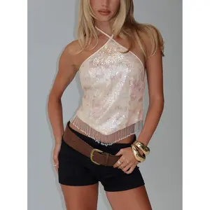 Udelle Sequin Fringey Halter Top Cream Sequin