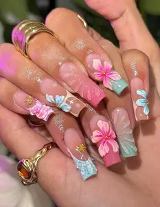 Pastel Paradise Press On Nails | 3D Floral Marble Accents | Handmade Tropical Vacation Nails | Luxury Pink & Blue Nail Set | DC639H