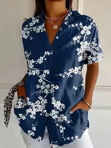 Women's Floral Print Short Sleeve Button Shirt, Casual V Neck Roll-Up Sleeves, Summer Loose Fit Collared Top, Comfortable and Stylish