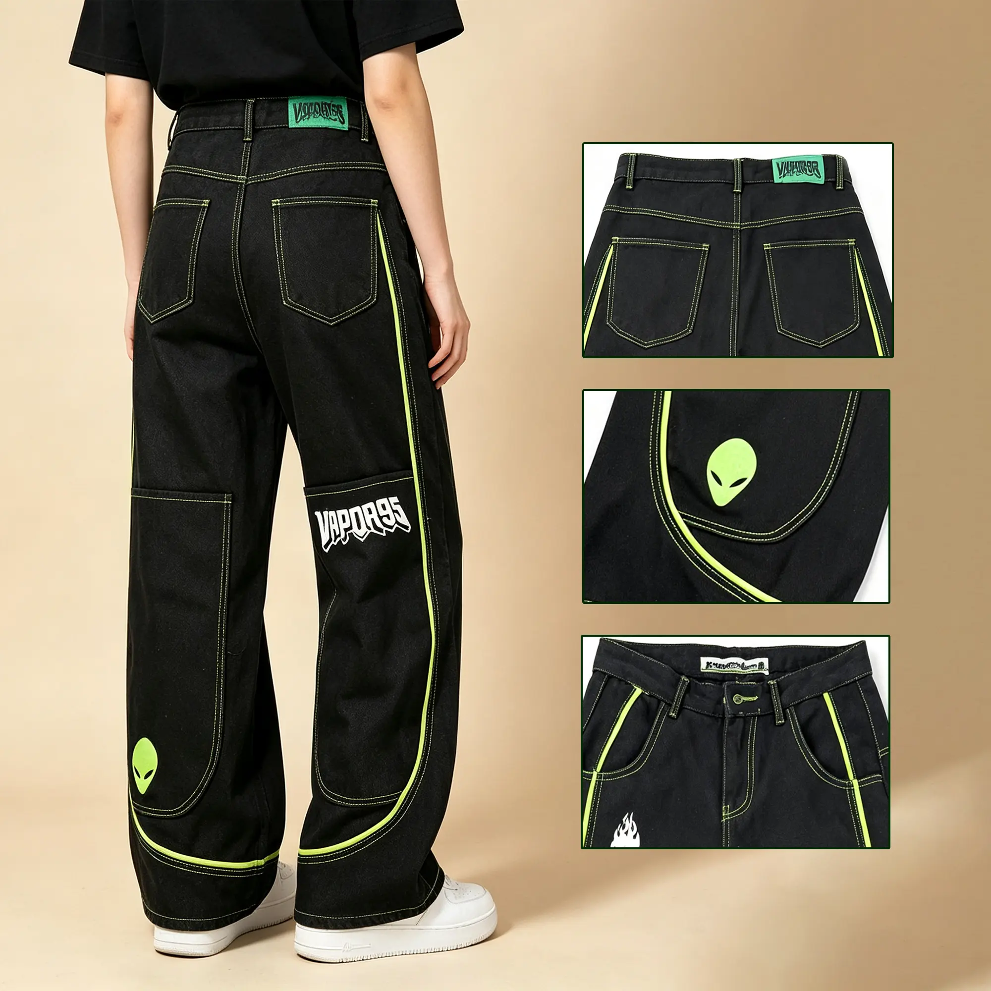 Women's Baggy Denim Jeans - High Waist Wide Leg Loose Fit Jeans with Alien Embroidery Green Neon Stitch, Y2K Streetwear Casual Outfit