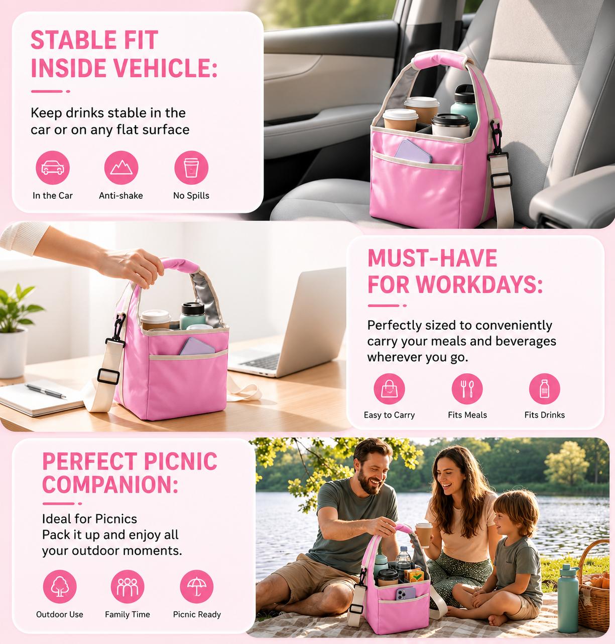 Adjustable Dividers Drink Tote - 4/6-Cup Beverage Carrier Bag with Adjustable Straps, Removable Dividers, Comfortable Handle, Stable on the Go, Outdoor Travel Organizers for Coffee, Tumbler, Office Lunch, Camping Picnic Takeout Adjustable Dividers Drink Tote - 4/6-Cup Beverage Carrier Bag with Adjustable Straps, Removable Dividers, Comfortable Handle, Stable on the Go, Outdoor Travel Organizers for Coffee, Tumbler, Office Lunch, Camping Picnic Takeout