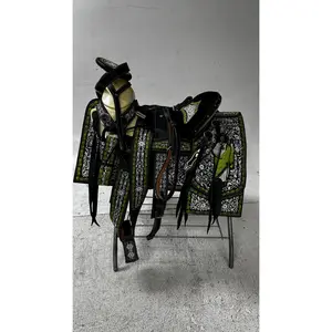 Charro Saddle – Black Leather with Lime Green & Silver Embroidery (15.5”) “El Guerrero Verde”