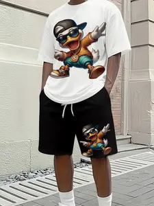Hip-hop Trendy Duck Men's 3D Digital Printed Two-piece Set, 2Pcs, Fashion Trendy Suit, Retro Casual Two-piece Outfit, Vacation-style Trendy Wear, Breathable Sports Casual Style, an ideal holiday gift for men