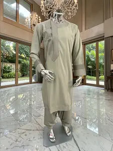 Afghan Parahan Tunban with Machine Embroidery – Olive Sage – XS