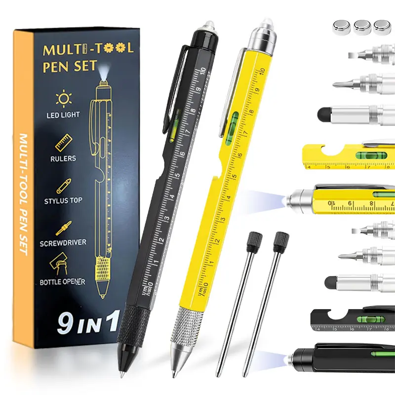Multitool Pen 9 in 1 Innovative Gift for Men,with LED Light,Ruler, Stylus,Bubble Level,Screwdrivers,Unique Gifts Gadgets for Him,Boyfriend,Husband