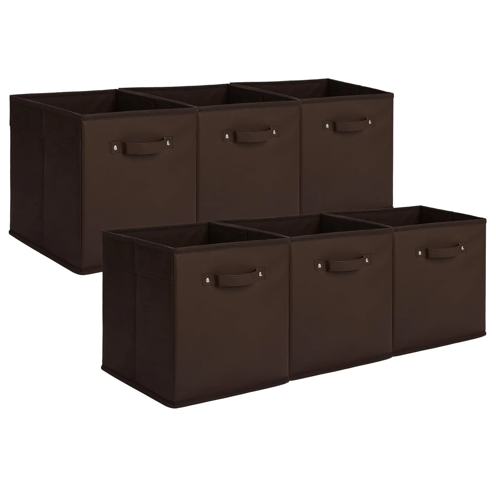 6-Pack 11-Inch Fabric Storage Bins with Faux Leather Handles, Foldable Cube Organizer Baskets with Slide Function for Shelves, Closet, Clothes, Toys, Brown