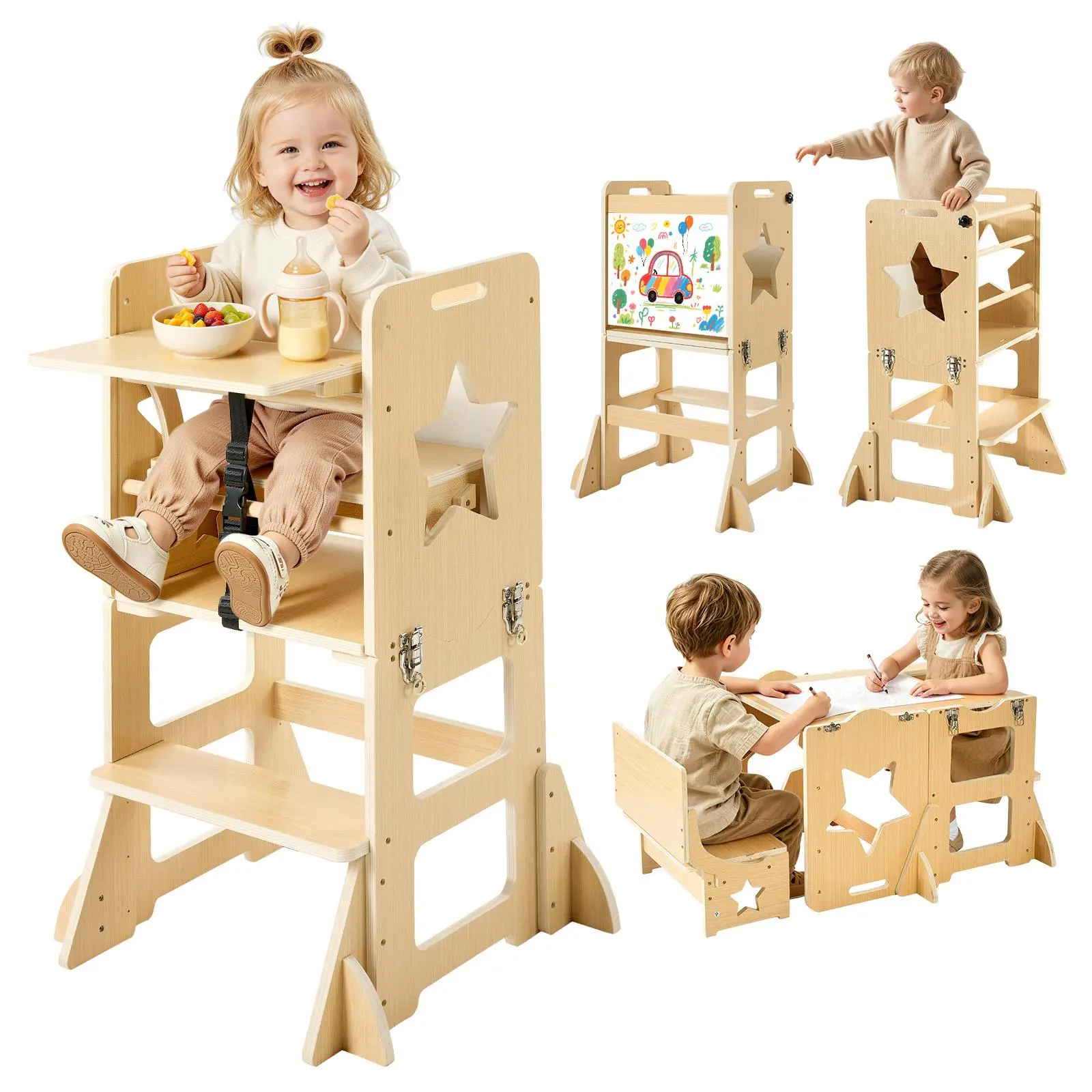 【SummerFinds】VEVOR Toddler Tower, Wooden, 6 in 1 Kitchen Step Stool for Kids 1-5, Montessori Weaning Table and Chair Set, Learning Standing Tower with Blackboard & Feeding Tray, for Bathroom and Kitchen Counter