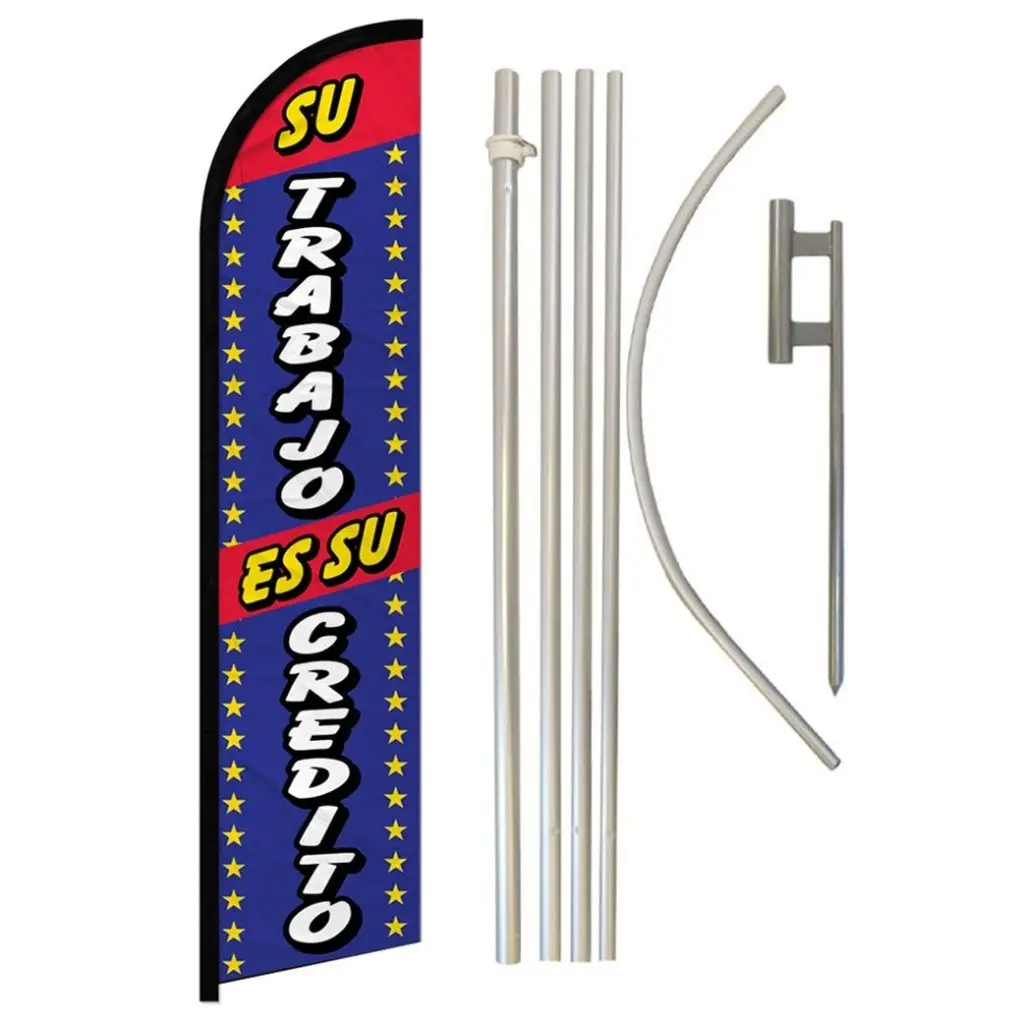 Windproof Outdoor Banner Flag & Steel-Aluminium Pole Kit, 11.5x2.5 ft Wear-Resistant Polyester Banner with Curved Sleeve, Blue "Su Trabajo Es Su Credito" Printing, Easy-Install Backdrop for Business Owners, Stable Storage-Friendly Home Advertising Supply