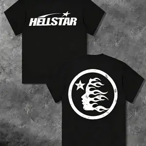 Hell Star Pattern Double Sided Printed T-Shirt, High Quality Crew Neck Casual Short Sleeve Top for Spring & Summer-Double Sided Graphic Tee Summer Graphic Tees Urban Style Trendy Mens Clothing Grunge Album white