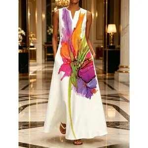 Women’s Vintage Print Maxi Dress Elegant Sleeveless Party Dress-POD