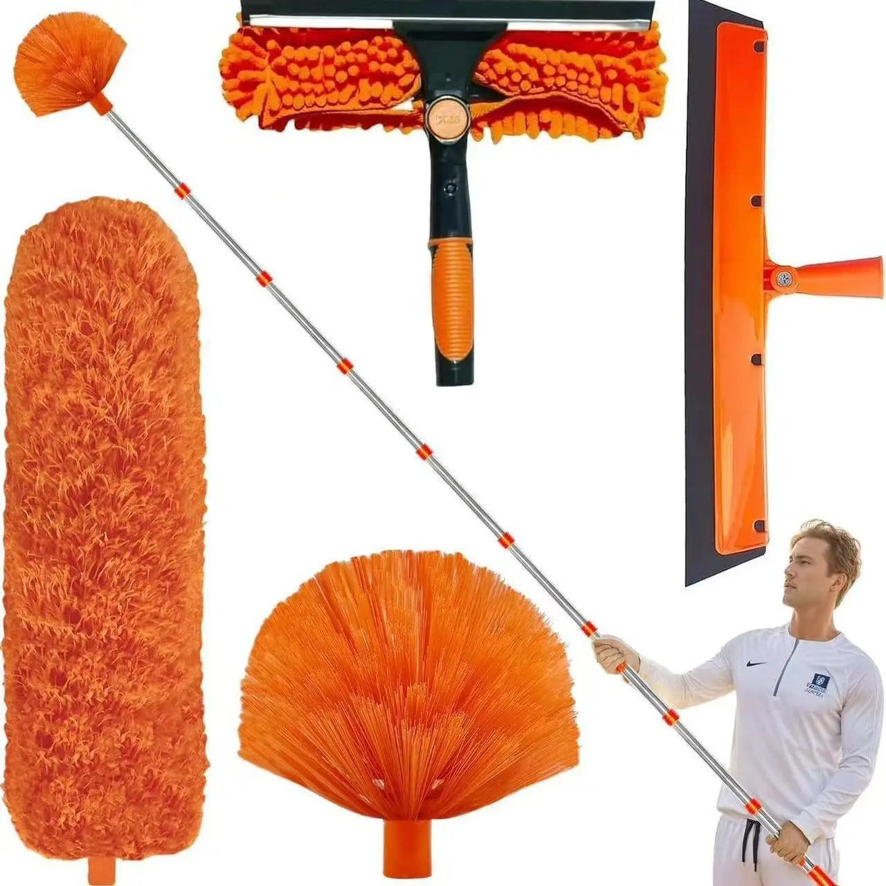 1 set of high ceiling dust removal and window cleaning kit, with extension rod, wiper, spider web dust collector, fan dust brush, 4-in-1 dust collector kit, suitable for home, office, hard to reach areas