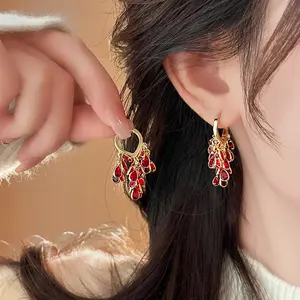 Vintage Red Water Drop Mosquito Coil Clip-On Earrings, Unique and Versatile Crystal Tassel Earrings DDES0709, Elegant Non-Pierced Ear Accessories, 14K Gold-Plated