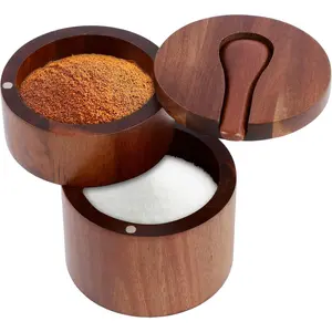 2 Layers Acacia Wood Salt and Pepper Bowl Storage Container Keeper with Built-in Spoon Magnetic Swivel Dustproof Lid for Kitchen Serving