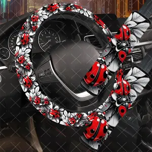 3Pcs/Set Ladybug & Leaf Car Interior Set, Stylish Monochrome Style, Includes Steering Wheel Cover, Car Seat Belt Cover, No Inner Ring, Vehicle Interior Upgrade, Durable Material, Multi-Part Set, Car Enthusiasts, Gift For Drivers.11.27QWA-1253@1254